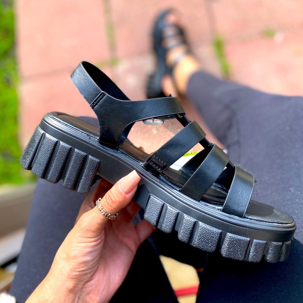 Black Vegan Leather Chunky Sole Caged Gladiator Sandals are